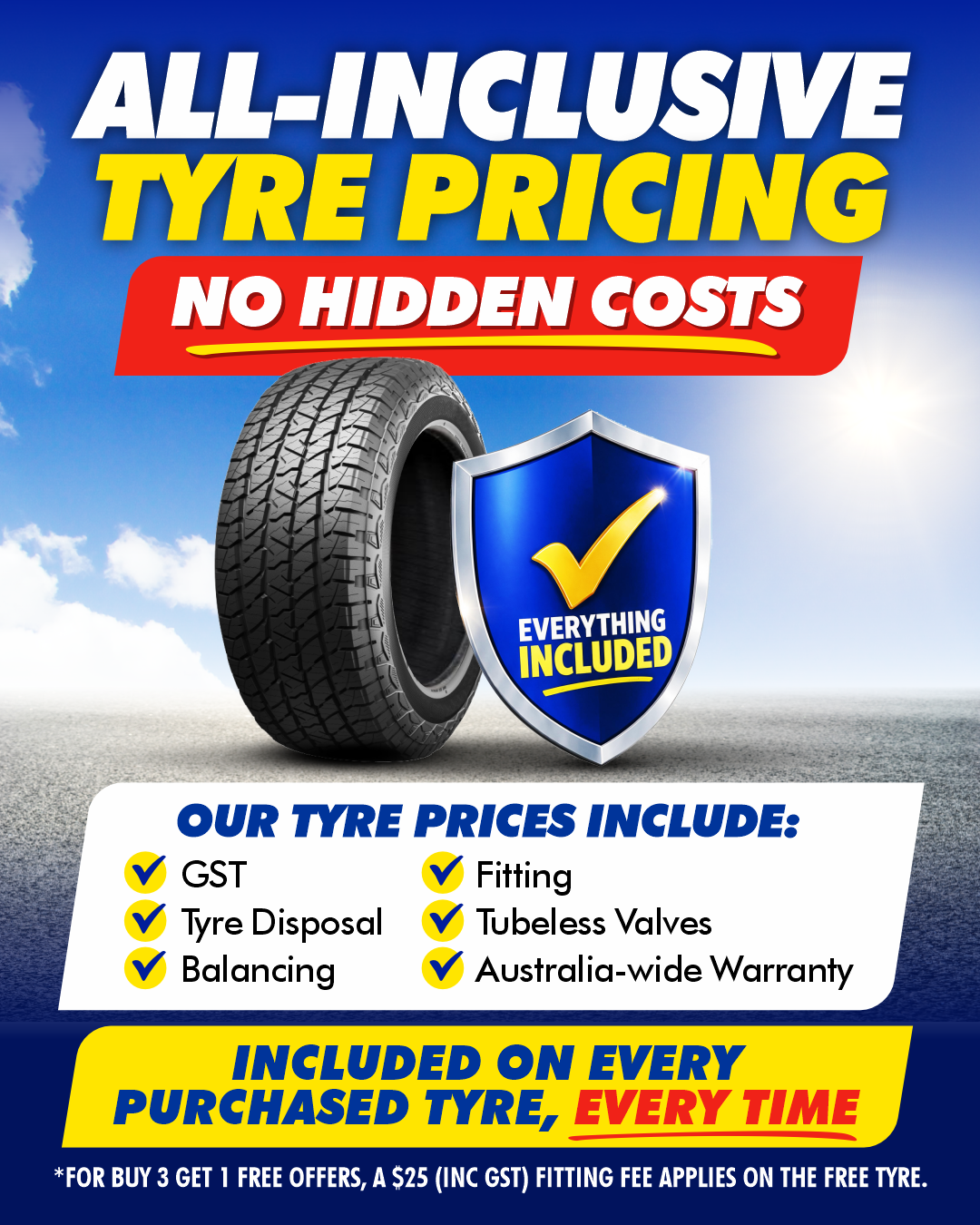 All-inclusive tyre pricing, no hidden costs. Every tyre price includes GST, fitting, balancing, tyre disposal, tubeless valves and Australia-wide warranty, included on every tyre, every time.