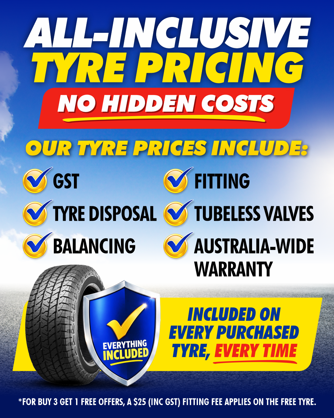 All-inclusive tyre pricing, no hidden costs. Every tyre price includes GST, fitting, balancing, tyre disposal, tubeless valves and Australia-wide warranty, included on every tyre, every time.