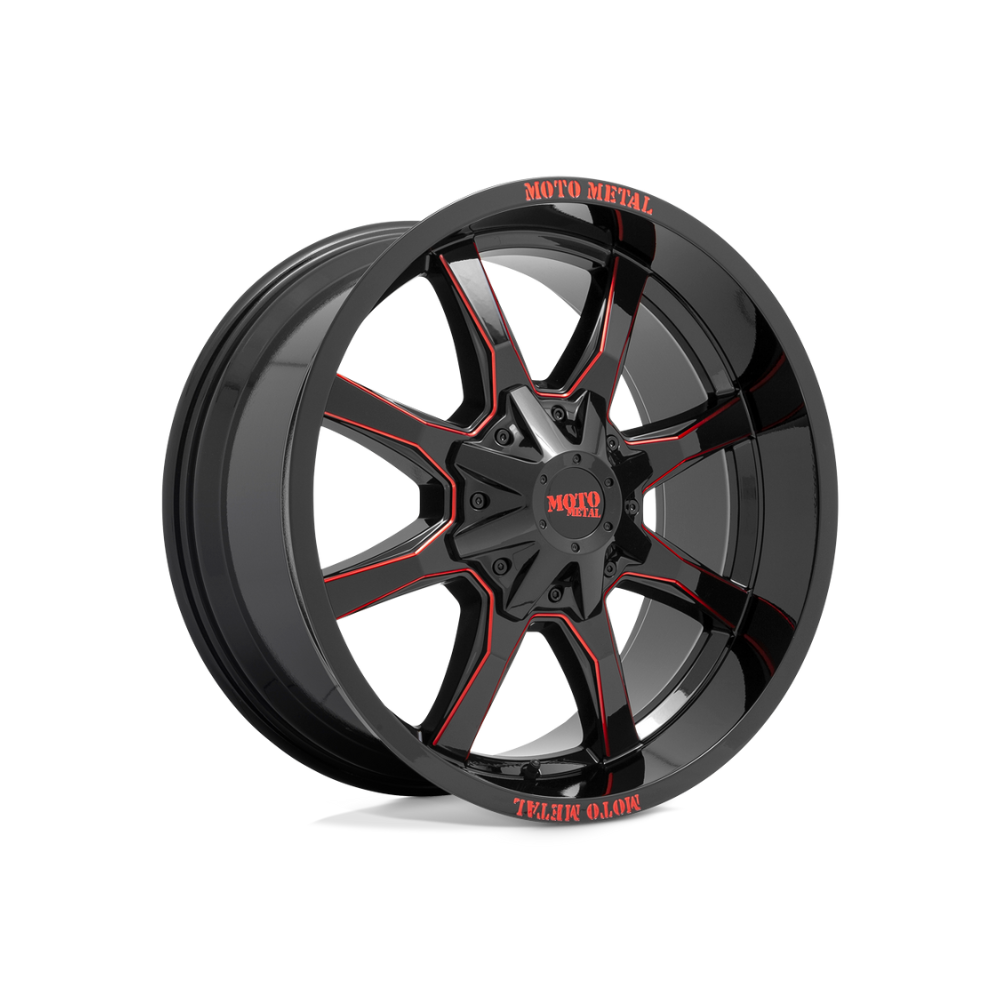 MOTO METAL MO970 Gloss Black Milled With Red Tint & Moto Metal On Lip 4x4|20X9 8/165.1, Offset +0, Centre bore 125.5, Load Rating 1651 kg