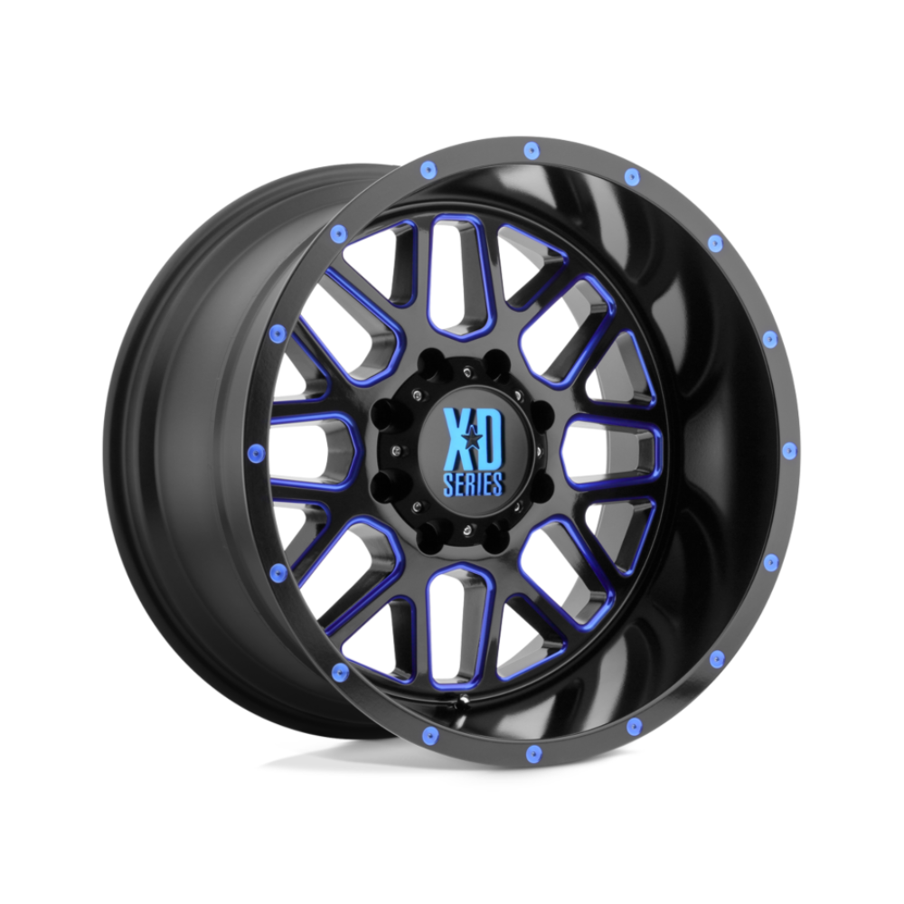 XD SERIES BY KMC WHEELS XD820 GRENADE Satin Black Milled With Blue Clear Coat 4x4|20X9 5/127, Offset +0, Centre bore 78.3, Load Rating 1134 kg